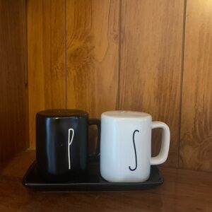 Black and white Rae Dunn salt and pepper shakers